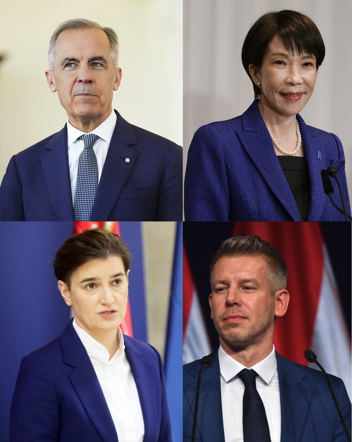Four portraits arranged in a two-by-two grid, showing variations of saturated blue jackets and suits.